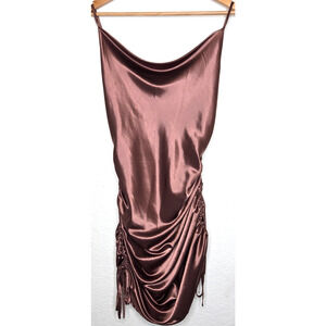 Y2K Slip Dress Small Brown Satin Ruched Asymmetric Going Out Forest Fairy Cami